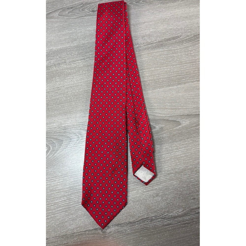 Christian Dior Monsieur Mens Red Silk Geometric Medallion‎ Necktie Vintage USA